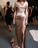 Off the Shoulder High Slit Prom Dress with Ruffles Mermaid Brown Long Formal Dress RJS489 Rjerdress