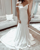 Off the Shoulder Mermaid Ivory V Neck Simple Wedding Dresses Rjerdress