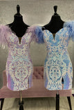 Off-the-Shoulder Sequins-Embroidered Sheath Short/Mini Cocktail Homecoming Dresses With Feather Rjerdress