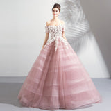 Off the Shoulder Short Sleeve Ball Gown Lace up Sweetheart Quinceanera Dresses With Appliques Rjerdress