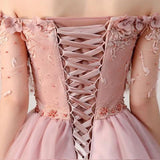Off the Shoulder Short Sleeve Pink Above Knee Beads Flowers Lace up Homecoming Dress H1012 Rjerdress