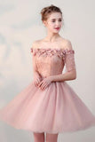 Off the Shoulder Short Sleeve Pink Above Knee Beads Flowers Lace up Homecoming Dress H1012 Rjerdress