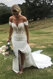 Off the Shoulder Slit Mermaid Sweetheart Wedding Dresses with Train Wedding Gowns Rjerdress