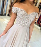 Off the Shoulder Sweetheart Lace Appliques Prom Dresses with Chiffon Rjerdress