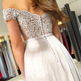 Off the Shoulder Sweetheart Lace Appliques Prom Dresses with Chiffon Rjerdress
