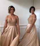 Off-the-Shoulder Sweetheart Long Pink A-Line Beads Open Back Bridesmaid Dresses Rjerdress