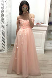 Off the Shoulder Sweetheart Tulle Prom Dresses Pleats Prom Gowns With Flowers RJS903