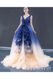 Ombre Contrast Colored A Line Prom Dress Pleated V Neck Long Formal Dress