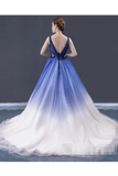 Ombre Contrast Colored A Line Prom Dress Pleated V Neck Long Formal Dress Rjerdress