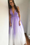 Ombre Open Back Deep V Neck Long Tulle Purple Backless Beading Prom Dresses RJS77