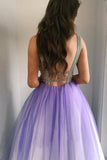 Ombre Open Back Deep V Neck Long Tulle Purple Backless Beading Prom Dresses RJS77 Rjerdress