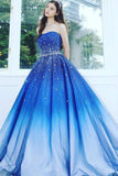 Ombre Strapless Sweetheart Blue Ball Gown Tulle Sweep Train Prom Dresses With Beads RJS891 Rjerdress