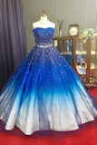 Ombre Strapless Sweetheart Blue Ball Gown Tulle Sweep Train Prom Dresses With Beads RJS891 Rjerdress