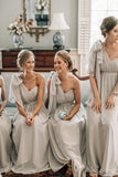 One Shoulder A Line Chiffon Floor Length with Sash Light Grey Bridesmaid Dresses