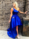 One Shoulder A-Line Long Cheap Prom Dresses Royal Blue High Low Evening DressRJS129