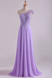 One Shoulder A Line Party Dress Beaded Tulle And Chiffon Sweep Train