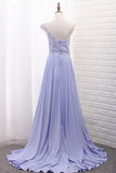 One Shoulder A Line Satin Prom Dresses With Handmade Flowers And Slit Rjerdress