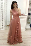 One Shoulder A Line Tulle Blush Pink Floor Length Prom Dresses Cheap Long Evening Dress RJS902