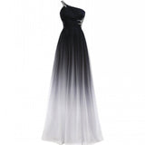 One Shoulder Black And Red Long Ombre Chiffon Beading Open Back Prom Dresses Rjerdress