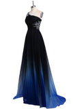One Shoulder Blue and Black Chiffon A-Line Ombre Appliques Open Back Prom Dresses RJS466
