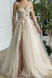 One Shoulder Champagne Long Prom Dress with Flowers Slit Rjs228