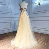 One Shoulder Champagne Long Prom Dress with Flowers Slit Rjs228 Rjerdress