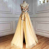 One Shoulder Champagne Long Prom Dress with Flowers Slit Rjs228 Rjerdress