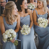 One Shoulder Dusty Blue Long A-line Sleeveless Chiffon Cheap Popular Bridesmaid Dresses Rjerdress