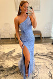 One Shoulder Mermaid Prom Dresses With Applique Sweep Train