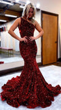 One Shoulder Mermaid Sequin Backless Red Sweep Train Prom Dresses