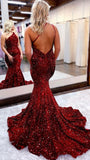One Shoulder Mermaid Sequin Backless Red Sweep Train Prom Dresses Rjerdress