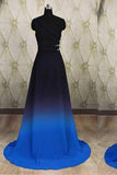 One Shoulder Ombre Black and Blue Ruffles Prom Dresses Simple Cheap Party Dresses Rrjs692