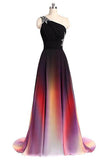 One Shoulder Ombre Chiffon Prom Dresses Lace up A Line Beads Ruffles Prom Gowns RJS531