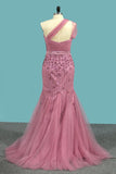 One Shoulder Party Dresses Mermaid Tulle With Beads And Sash Sweep Train Rjerdress
