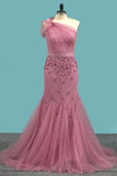 One Shoulder Party Dresses Mermaid Tulle With Beads And Sash Sweep Train Rjerdress
