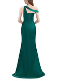 One Shoulder Satin Pleated/Ruched Sleeveless Mermaid Bridesmaid Dresses with Slit Rjerdress