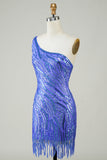 One Shoulder Sequin Sheath Short/Mini  Homecoming Dress With Tassel Rjerdress