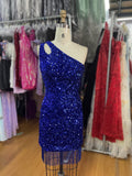 One Shoulder Sequins Tight Short Homecoming Dress with Tassels Rjerdress