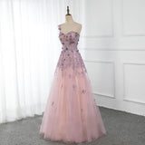 One Shoulder Tulle Sleeveless Long Prom Dresses Lace Appliques Beaded Formal Girl Evening Gown Rjerdress