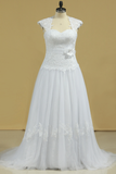Open Back A Line Tulle With Applique And Handmade Flower Bridal Dresses Court Train Rjerdress