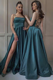 Open Back Green Satin Long Prom Dress with Slit, Open Back Green Formal Dress, Green Evening Dress Rjerdress
