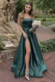 Open Back Green Satin Long Prom Dress with Slit, Open Back Green Formal Dress, Green Evening Dress Rjerdress