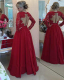 Open Back Lace Long Sleeve Deep V-Neck A-Line Button Long Cheap Prom Dresses RJS954 Rjerdress