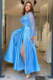 Open Back Long Sleeve Scoop Light Blue Floor-Length Beads Sexy Prom Dresses Rrjs40