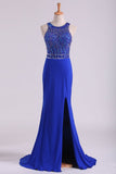 Open Back Party Dresses Scoop Spandex With Beading And Slit Sweep Train Rjerdress
