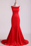 Open Back Party Dresses Stretch Satin Scoop Sweep Train Rjerdress