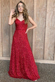 Open Back Red Sequin V-Neck Sleeveless A-Line Spaghetti Straps Prom Dresses RJS961