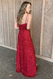 Open Back Red Sequin V-Neck Sleeveless A-Line Spaghetti Straps Prom Dresses RJS961 Rjerdress