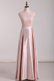 Open Back Scoop A Line Bridesmaid Dresses Satin & Lace Floor Length Rjerdress