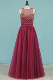 Open Back Scoop Party Dresses A Line With Beading Tulle Floor Length Rjerdress